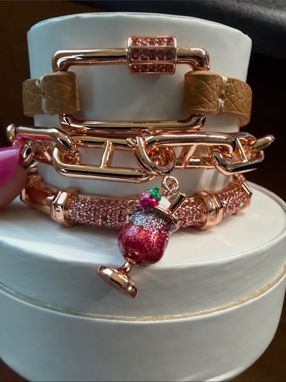 Rose Gold Chain & Pink Rhinestone Cocktail Charm Bracelet Set